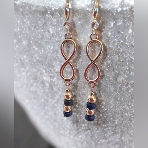 Infinity & Lapis  Lazuli Bead Earrings- Silvertone - Picture 1 of 5